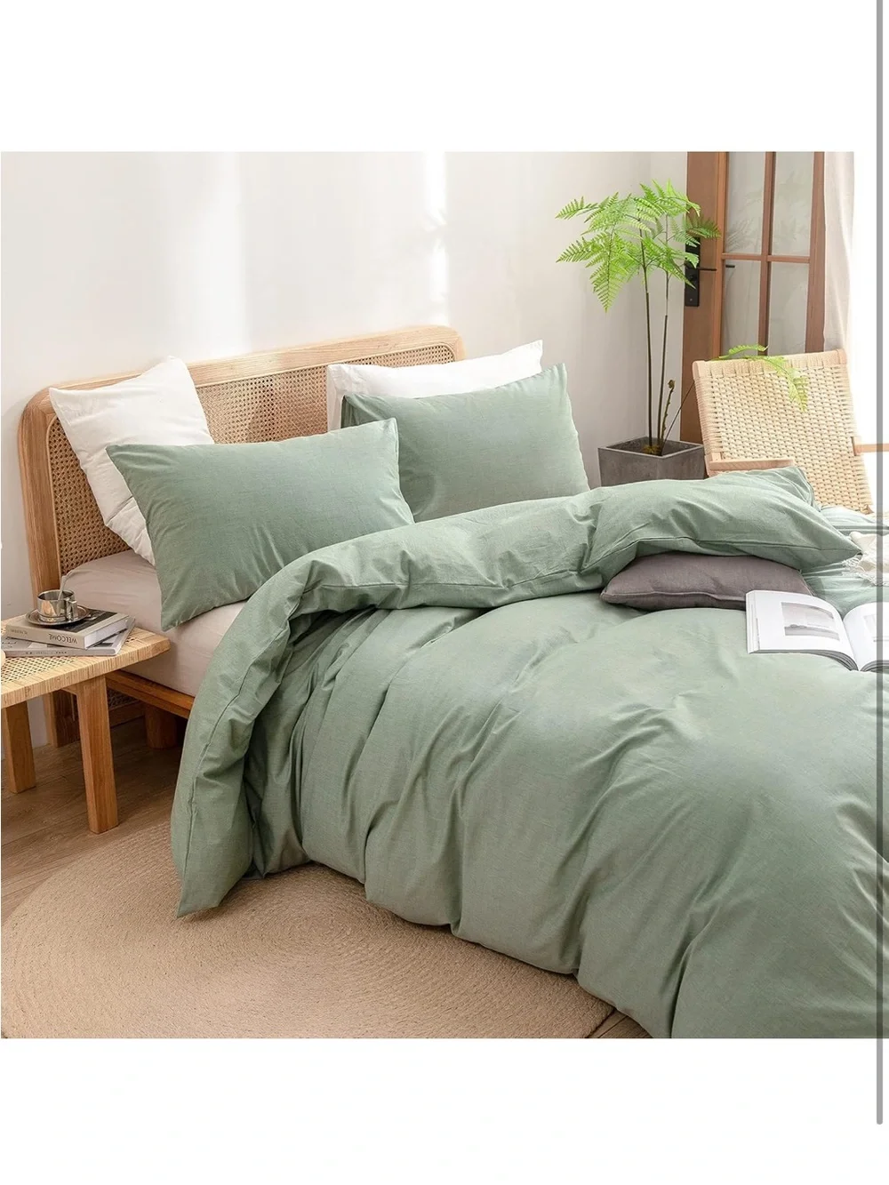 NEW BESTOUCH 100% Washed Cotton Duvet Cover Set. Linen Feel. 3 PCs Green Full